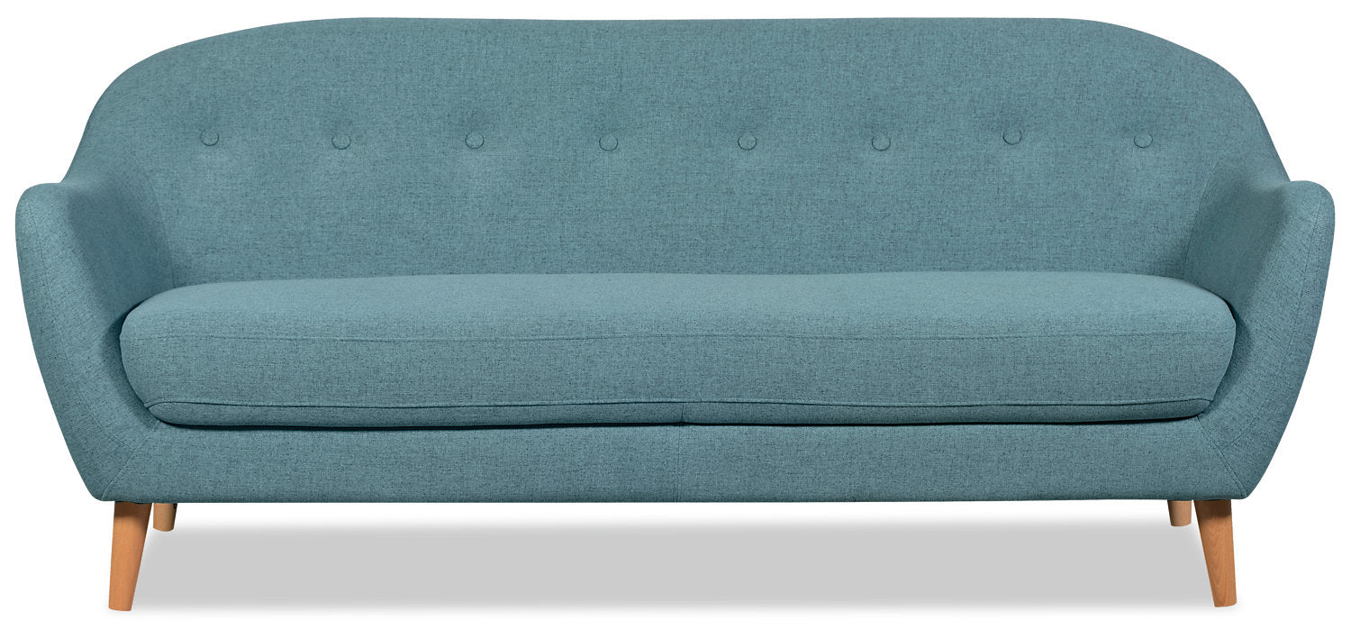 Calla 73.62" Linen-Look Fabric Condo Size Sofa with Button Tufting and Wood Legs - Blue | Sofa Calla de 73,62 po de format condo en tissu d’apparence lin avec capitonnage et pattes en bois - bleu