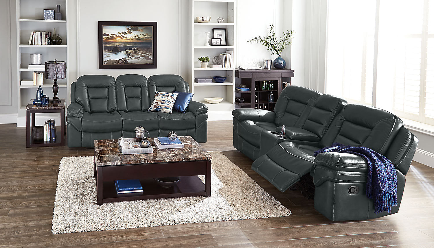 Leo 5-Piece Faux Leather Home Theatre Power Reclining Sectional with Storage Consoles and Cupholders - Grey | Sofa sectionnel à inclinaison électrique Leo 5 pièces de style cinéma maison en similicuir avec consoles de rangement et porte-gobelets - gris