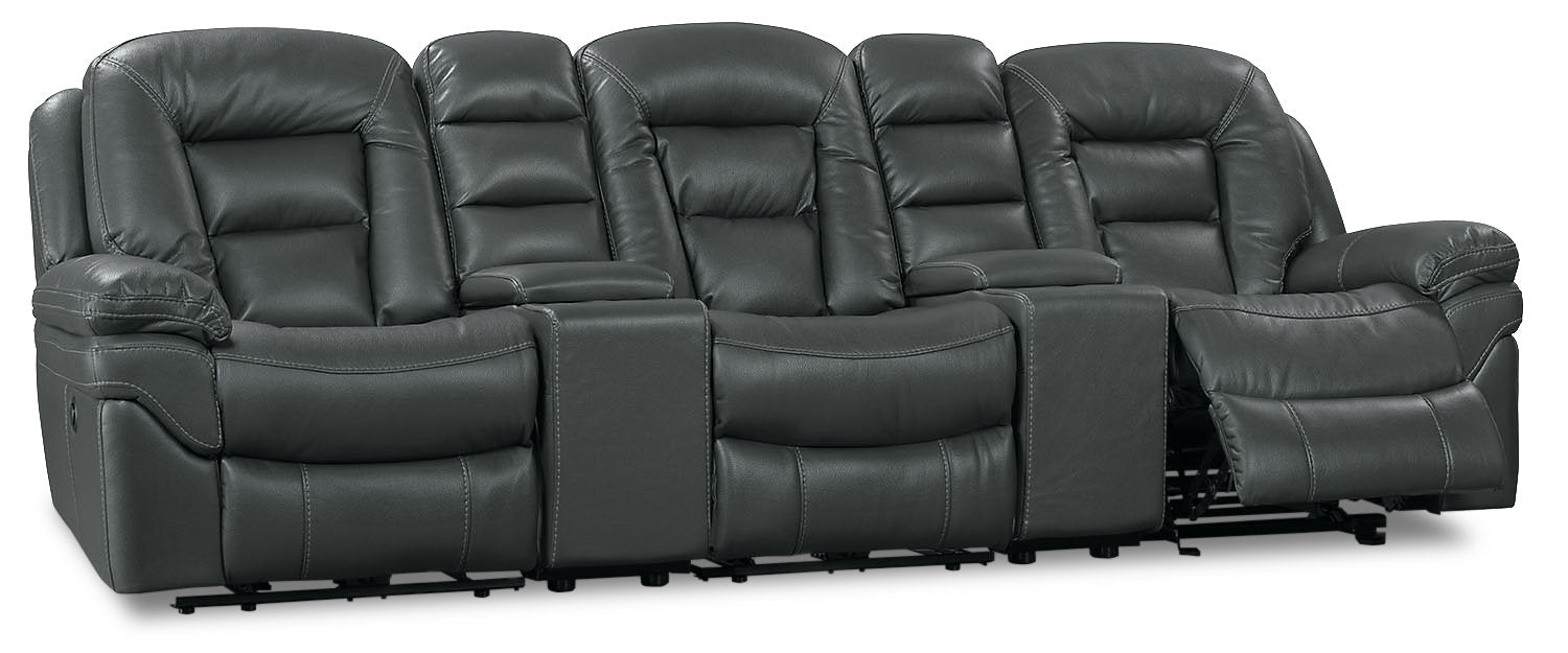 Leo 5-Piece Faux Leather Home Theatre Reclining Sectional with Storage Consoles and Cupholders - Grey | Sofa sectionnel inclinable Leo 5 pièces de style cinéma maison en similicuir avec consoles de rangement et porte-gobelets - gris