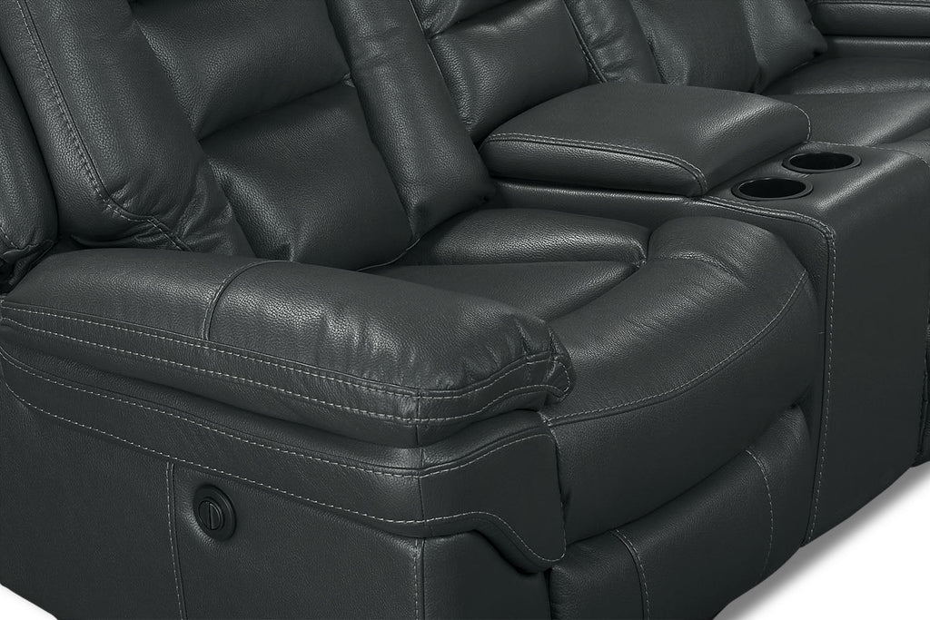 Leo 5-Piece Faux Leather Home Theatre Reclining Sectional with Storage Consoles and Cupholders - Grey | Sofa sectionnel inclinable Leo 5 pièces de style cinéma maison en similicuir avec consoles de rangement et porte-gobelets - gris