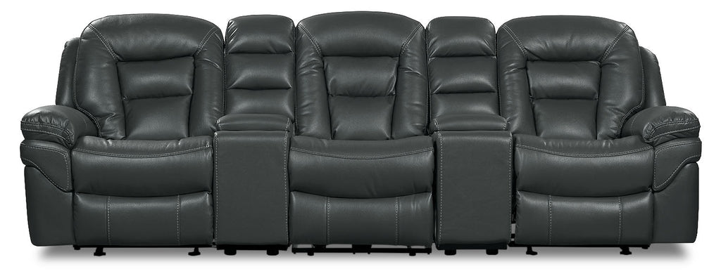Leo 5-Piece Faux Leather Home Theatre Reclining Sectional with Storage Consoles and Cupholders - Grey | Sofa sectionnel inclinable Leo 5 pièces de style cinéma maison en similicuir avec consoles de rangement et porte-gobelets - gris