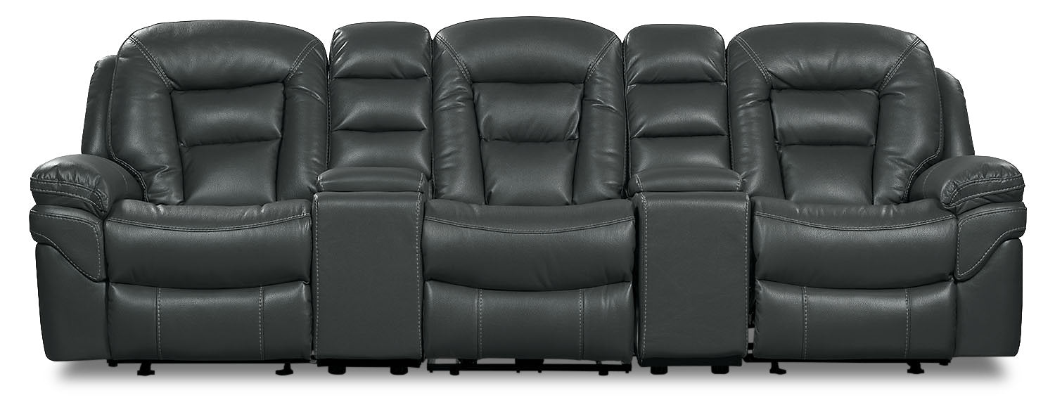 Leo 5-Piece Faux Leather Home Theatre Reclining Sectional with Storage Consoles and Cupholders - Grey | Sofa sectionnel inclinable Leo 5 pièces de style cinéma maison en similicuir avec consoles de rangement et porte-gobelets - gris