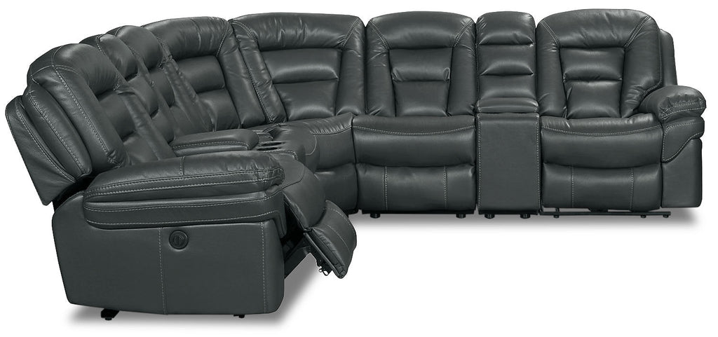 Leo 7-Piece Faux Leather Power Reclining Sectional with Storage Consoles and Cupholders - Grey | Sofa sectionnel à inclinaison électrique Leo 7 pièces en similicuir avec consoles de rangement et porte-gobelets - gris