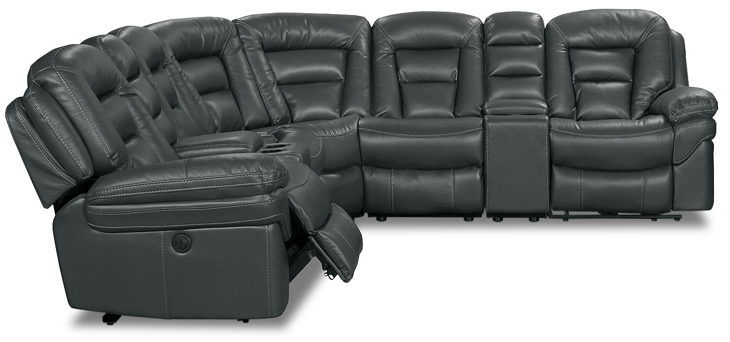 Leo 7-Piece Faux Leather Power Reclining Sectional with Storage Consoles and Cupholders - Grey | Sofa sectionnel à inclinaison électrique Leo 7 pièces en similicuir avec consoles de rangement et porte-gobelets - gris