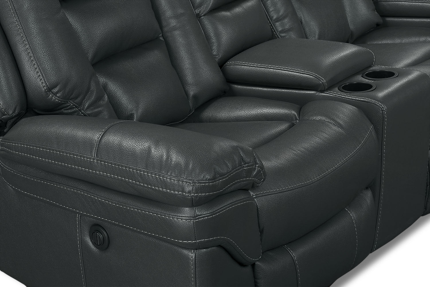 Leo 7-Piece Faux Leather Power Reclining Sectional with Storage Consoles and Cupholders - Grey | Sofa sectionnel à inclinaison électrique Leo 7 pièces en similicuir avec consoles de rangement et porte-gobelets - gris