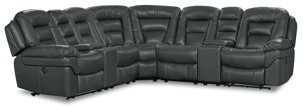 Leo 7-Piece Faux Leather Power Reclining Sectional with Storage Consoles and Cupholders - Grey | Sofa sectionnel à inclinaison électrique Leo 7 pièces en similicuir avec consoles de rangement et porte-gobelets - gris