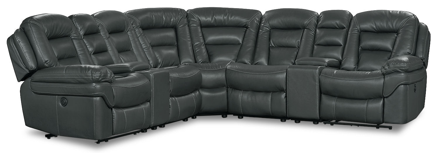 Leo 7-Piece Faux Leather Power Reclining Sectional with Storage Consoles and Cupholders - Grey | Sofa sectionnel à inclinaison électrique Leo 7 pièces en similicuir avec consoles de rangement et porte-gobelets - gris