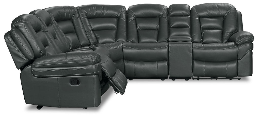 Leo 6-Piece Faux Leather Reclining Sectional with Storage Console and Dual Cupholders - Grey | Sofa sectionnel inclinable Leo 6 pièces en similicuir avec console de rangement et 2 porte-gobelets - gris