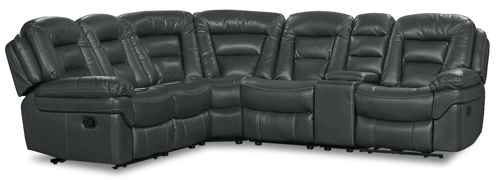 Leo 6-Piece Faux Leather Reclining Sectional with Storage Console and Dual Cupholders - Grey | Sofa sectionnel inclinable Leo 6 pièces en similicuir avec console de rangement et 2 porte-gobelets - gris