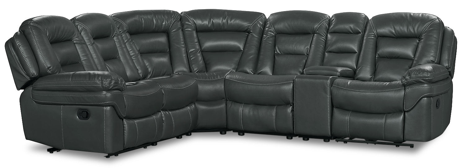 Leo 6-Piece Faux Leather Reclining Sectional with Storage Console and Dual Cupholders - Grey | Sofa sectionnel inclinable Leo 6 pièces en similicuir avec console de rangement et 2 porte-gobelets - gris