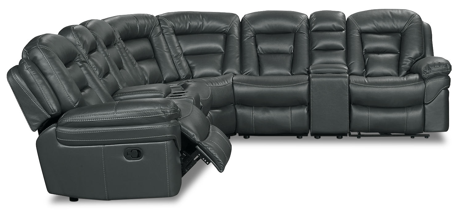 Leo 7-Piece Faux Leather Reclining Sectional with Storage Consoles and Cupholders - Grey | Sofa sectionnel inclinable Leo 7 pièces en similicuir avec consoles de rangement et porte-gobelets - gris