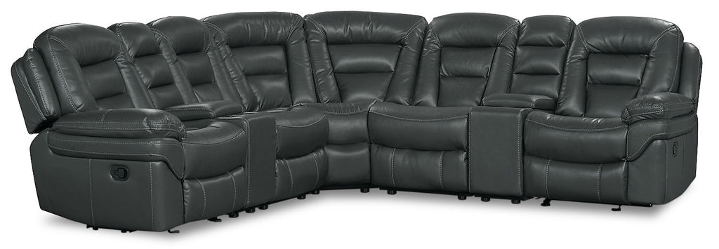 Leo 7-Piece Faux Leather Reclining Sectional with Storage Consoles and Cupholders - Grey | Sofa sectionnel inclinable Leo 7 pièces en similicuir avec consoles de rangement et porte-gobelets - gris