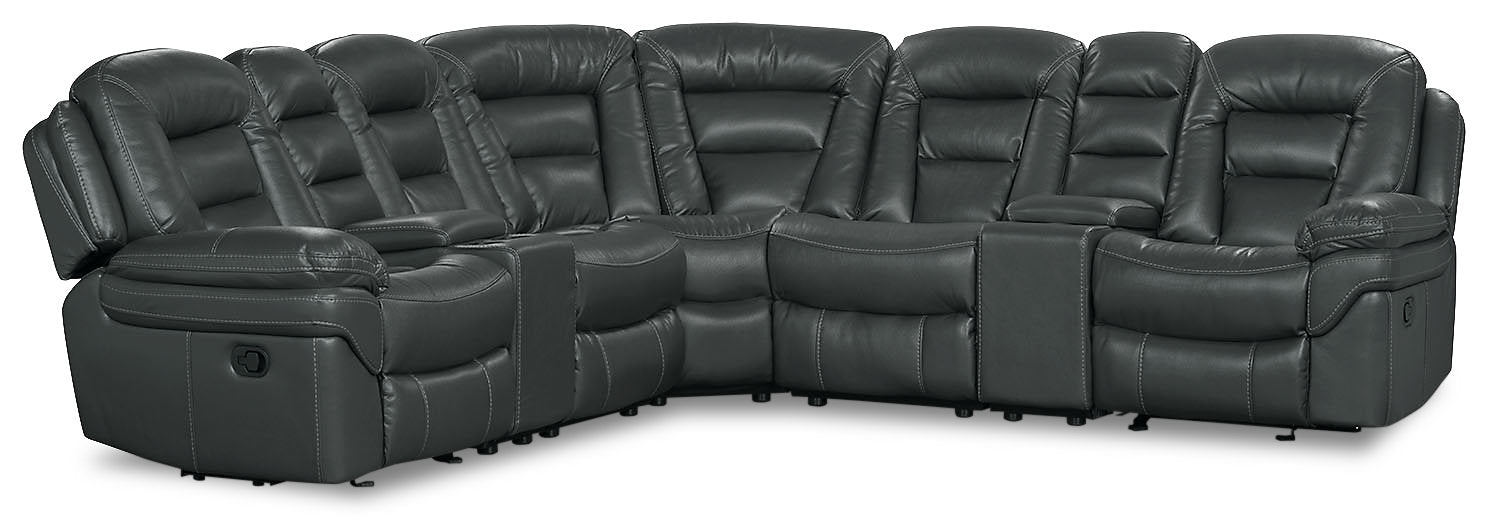 Leo 7-Piece Faux Leather Reclining Sectional with Storage Consoles and Cupholders - Grey | Sofa sectionnel inclinable Leo 7 pièces en similicuir avec consoles de rangement et porte-gobelets - gris