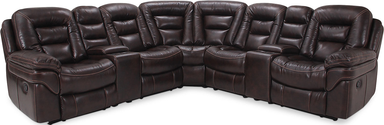 Leo 7-Piece Faux Leather Power Reclining Sectional with Storage Consoles and Cupholders - Walnut Brown | Sofa sectionnel à inclinaison électrique Leo 7 pièces en similicuir avec consoles de rangement et porte-gobelets - brun noyer