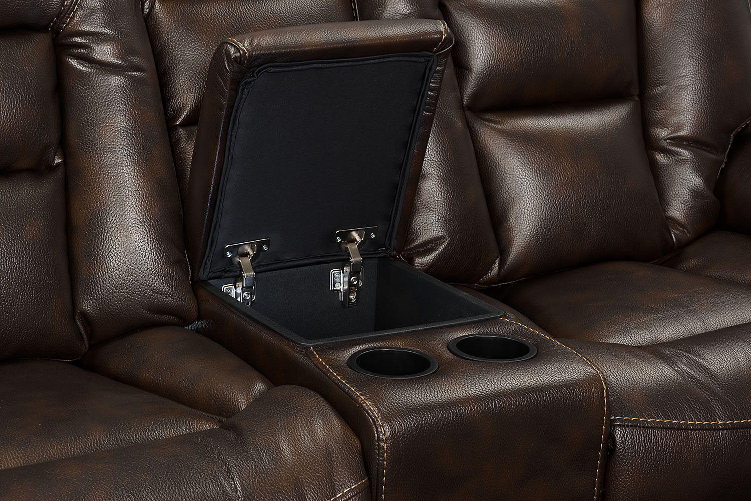 Leo 7-Piece Faux Leather Power Reclining Sectional with Storage Consoles and Cupholders - Walnut Brown | Sofa sectionnel à inclinaison électrique Leo 7 pièces en similicuir avec consoles de rangement et porte-gobelets - brun noyer