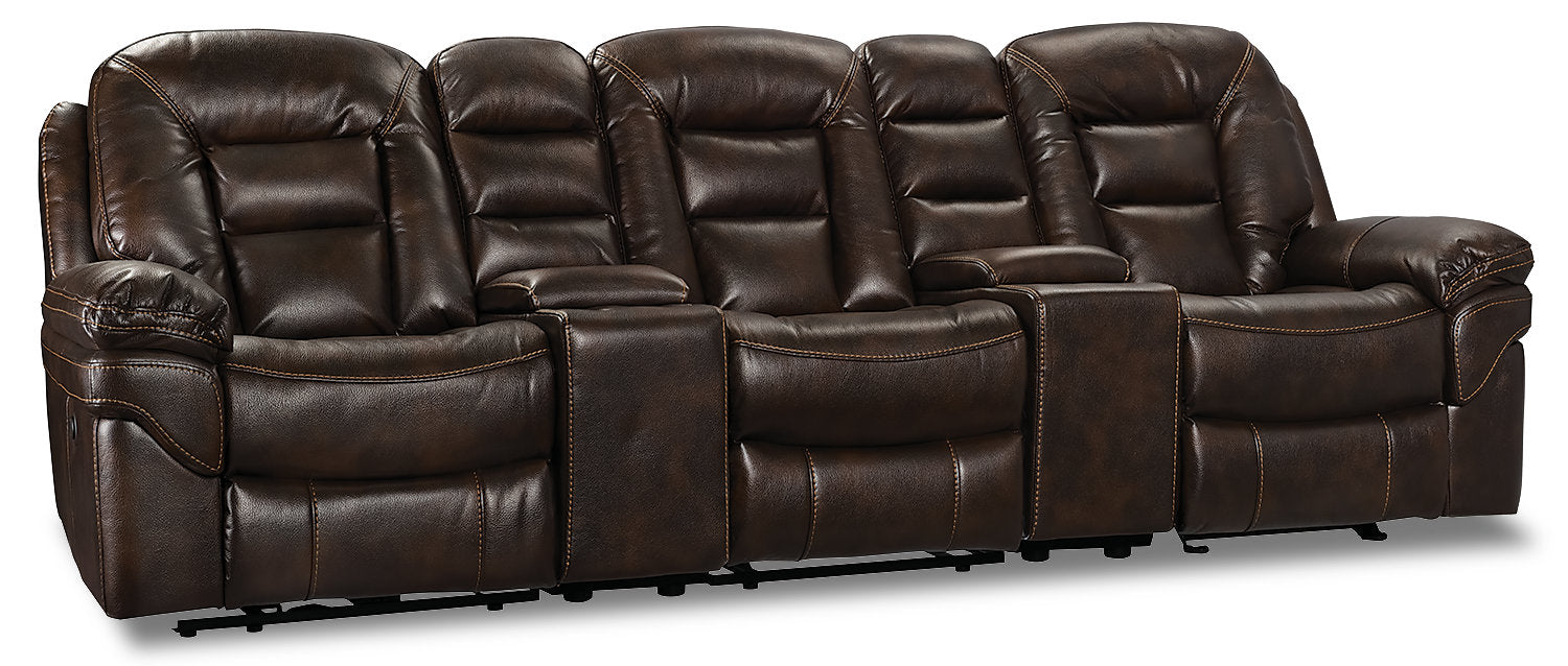 Leo 5-Piece Faux Leather Home Theatre Power Reclining Sectional with Storage Consoles and Cupholders - Walnut Brown | Sofa sectionnel à inclinaison électrique Leo 5 pièces en similicuir avec consoles de rangement et porte-gobelets - brun noyer
