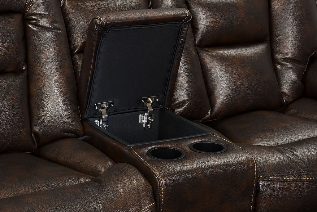 Leo 5-Piece Faux Leather Home Theatre Power Reclining Sectional with Storage Consoles and Cupholders - Walnut Brown | Sofa sectionnel à inclinaison électrique Leo 5 pièces en similicuir avec consoles de rangement et porte-gobelets - brun noyer
