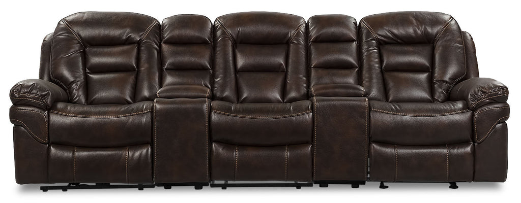 Leo 5-Piece Faux Leather Home Theatre Power Reclining Sectional with Storage Consoles and Cupholders - Walnut Brown | Sofa sectionnel à inclinaison électrique Leo 5 pièces en similicuir avec consoles de rangement et porte-gobelets - brun noyer