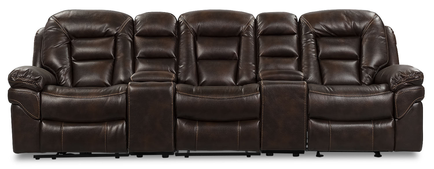 Leo 5-Piece Faux Leather Home Theatre Power Reclining Sectional with Storage Consoles and Cupholders - Walnut Brown | Sofa sectionnel à inclinaison électrique Leo 5 pièces en similicuir avec consoles de rangement et porte-gobelets - brun noyer