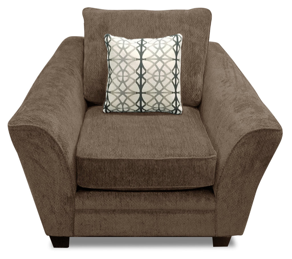 Made in Canada Febe 49" Chenille Fabric Chair with Flared Arms and Wood Legs - Brown | Fauteuil Febe de 49 po fabriqué au Canada en tissu de chenille avec accoudoirs évasés et pattes en bois - brun