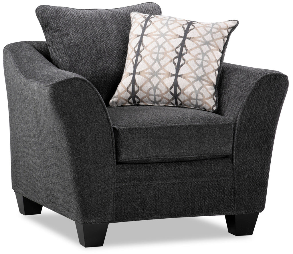 Made in Canada Febe 43" Chenille Fabric Condo Size Chair with Flared Arms and Wood Legs - Charcoal Grey | Fauteuil Febe de 43 po de format condo fabriqué au Canada en tissu de chenille avec accoudoirs évasés et pattes en bois - gris anthracite
