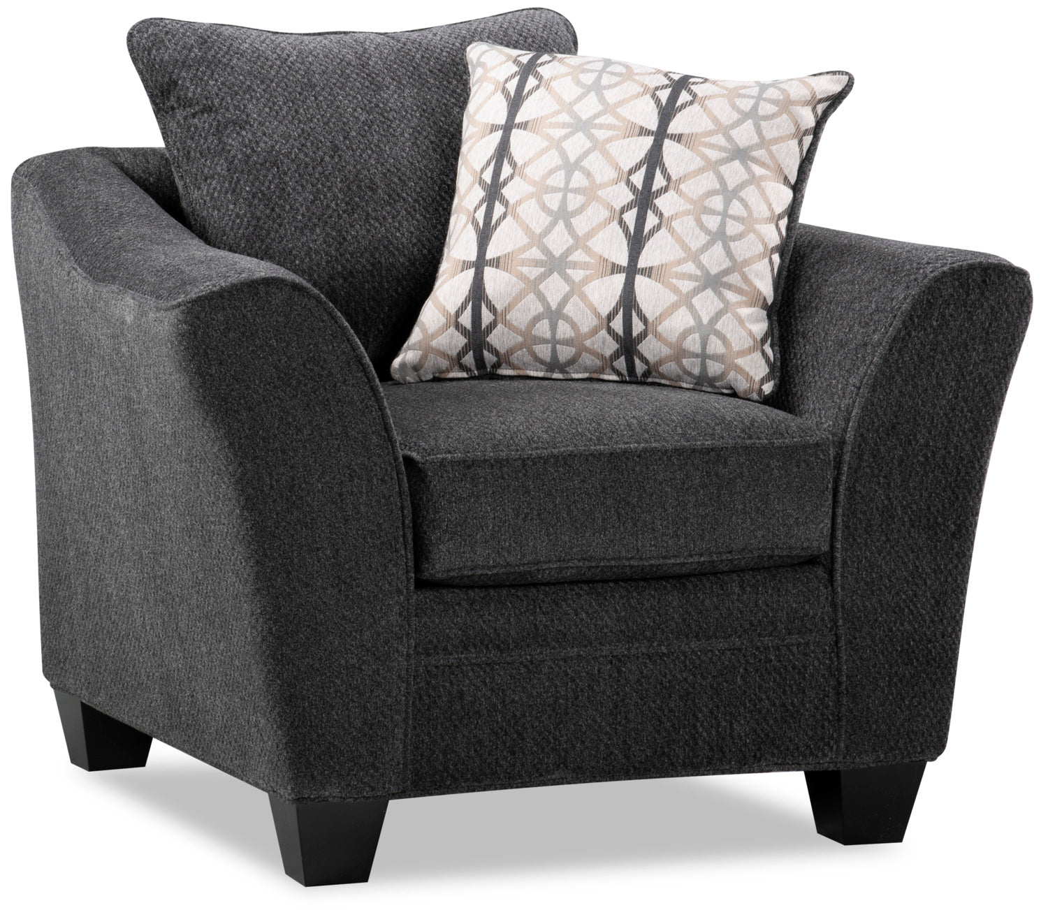 Made in Canada Febe 43" Chenille Fabric Condo Size Chair with Flared Arms and Wood Legs - Charcoal Grey | Fauteuil Febe de 43 po de format condo fabriqué au Canada en tissu de chenille avec accoudoirs évasés et pattes en bois - gris anthracite