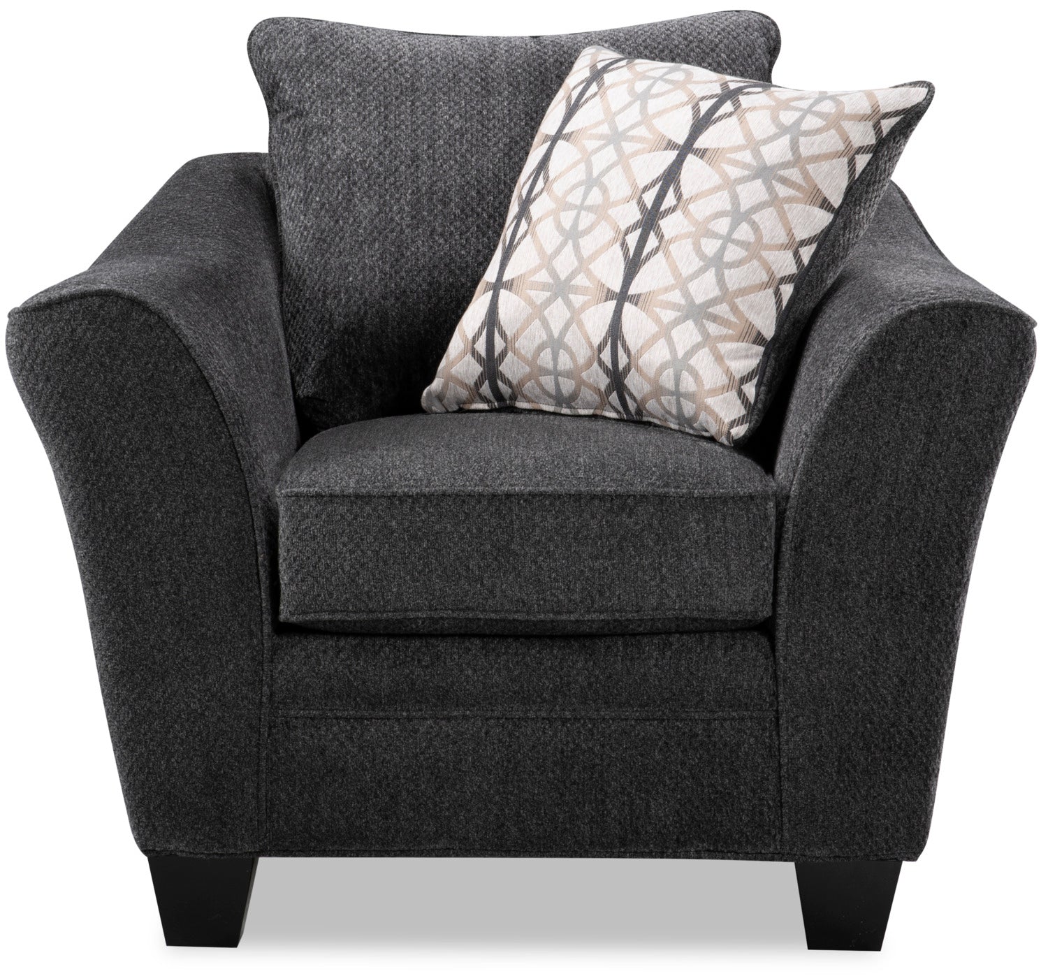 Made in Canada Febe 43" Chenille Fabric Condo Size Chair with Flared Arms and Wood Legs - Charcoal Grey | Fauteuil Febe de 43 po de format condo fabriqué au Canada en tissu de chenille avec accoudoirs évasés et pattes en bois - gris anthracite