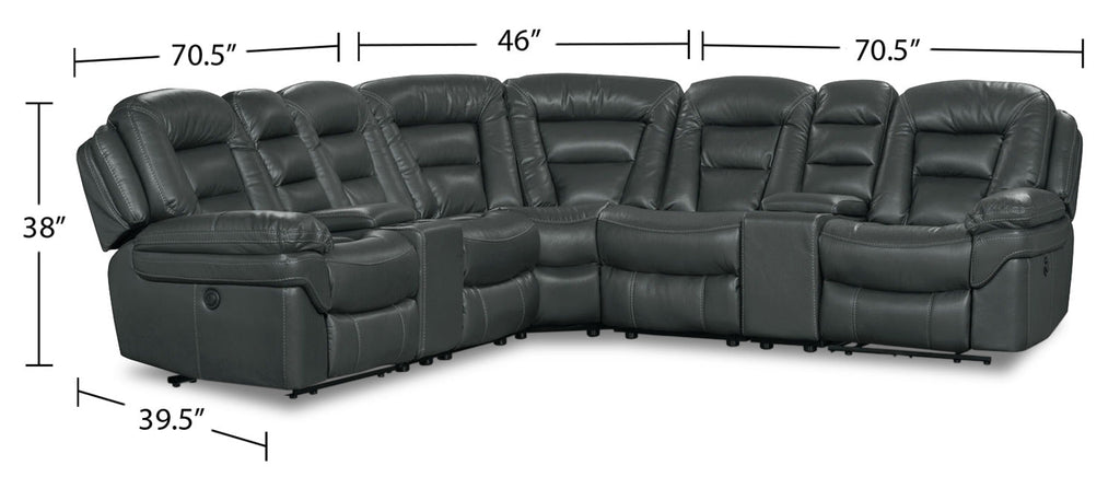 Leo 7-Piece Faux Leather Power Reclining Sectional with Storage Consoles and Cupholders - Grey | Sofa sectionnel à inclinaison électrique Leo 7 pièces en similicuir avec consoles de rangement et porte-gobelets - gris
