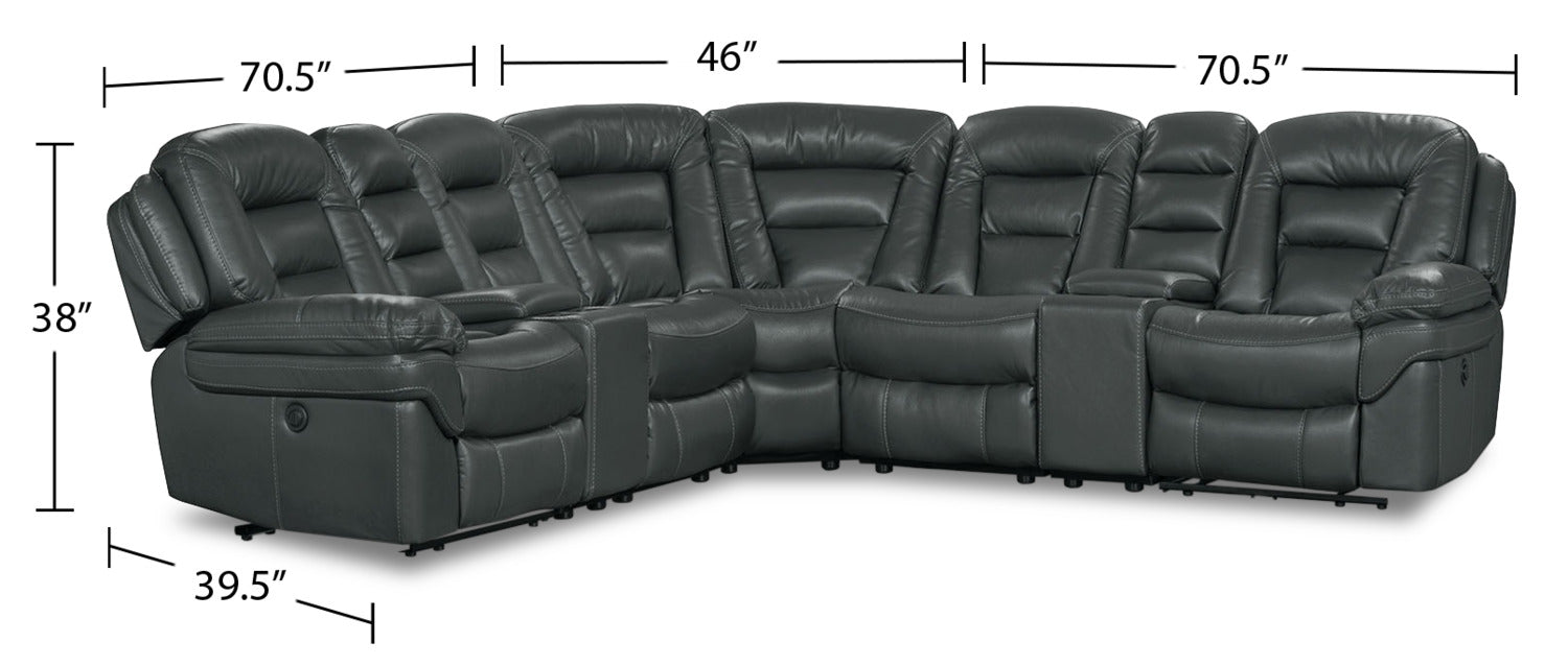 Leo 7-Piece Faux Leather Power Reclining Sectional with Storage Consoles and Cupholders - Grey | Sofa sectionnel à inclinaison électrique Leo 7 pièces en similicuir avec consoles de rangement et porte-gobelets - gris