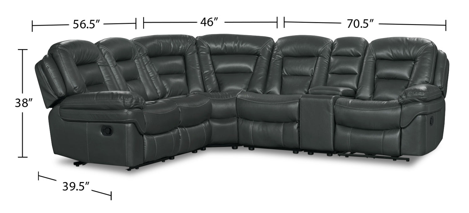 Leo 6-Piece Faux Leather Reclining Sectional with Storage Console and Dual Cupholders - Grey | Sofa sectionnel inclinable Leo 6 pièces en similicuir avec console de rangement et 2 porte-gobelets - gris