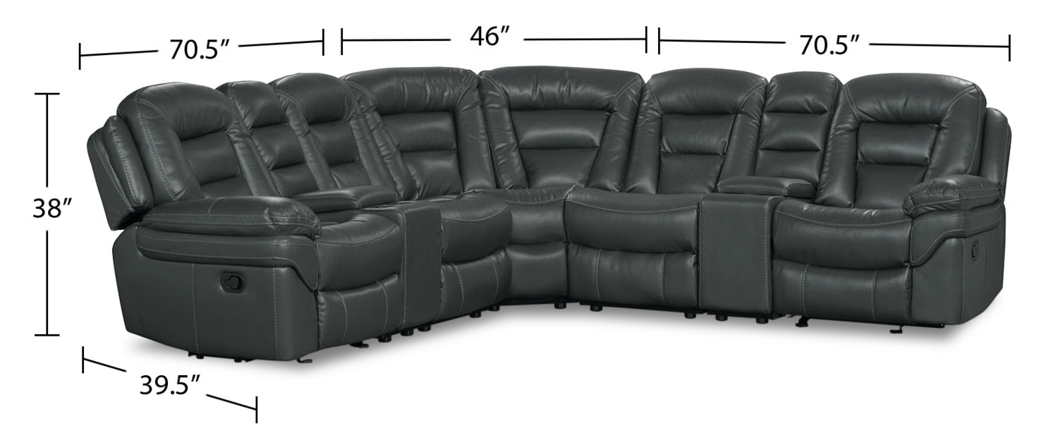 Leo 7-Piece Faux Leather Reclining Sectional with Storage Consoles and Cupholders - Grey | Sofa sectionnel inclinable Leo 7 pièces en similicuir avec consoles de rangement et porte-gobelets - gris