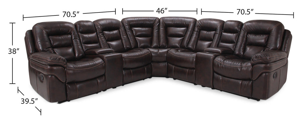 Leo 7-Piece Faux Leather Power Reclining Sectional with Storage Consoles and Cupholders - Walnut Brown | Sofa sectionnel à inclinaison électrique Leo 7 pièces en similicuir avec consoles de rangement et porte-gobelets - brun noyer
