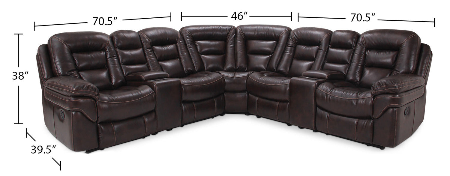 Leo 7-Piece Faux Leather Power Reclining Sectional with Storage Consoles and Cupholders - Walnut Brown | Sofa sectionnel à inclinaison électrique Leo 7 pièces en similicuir avec consoles de rangement et porte-gobelets - brun noyer