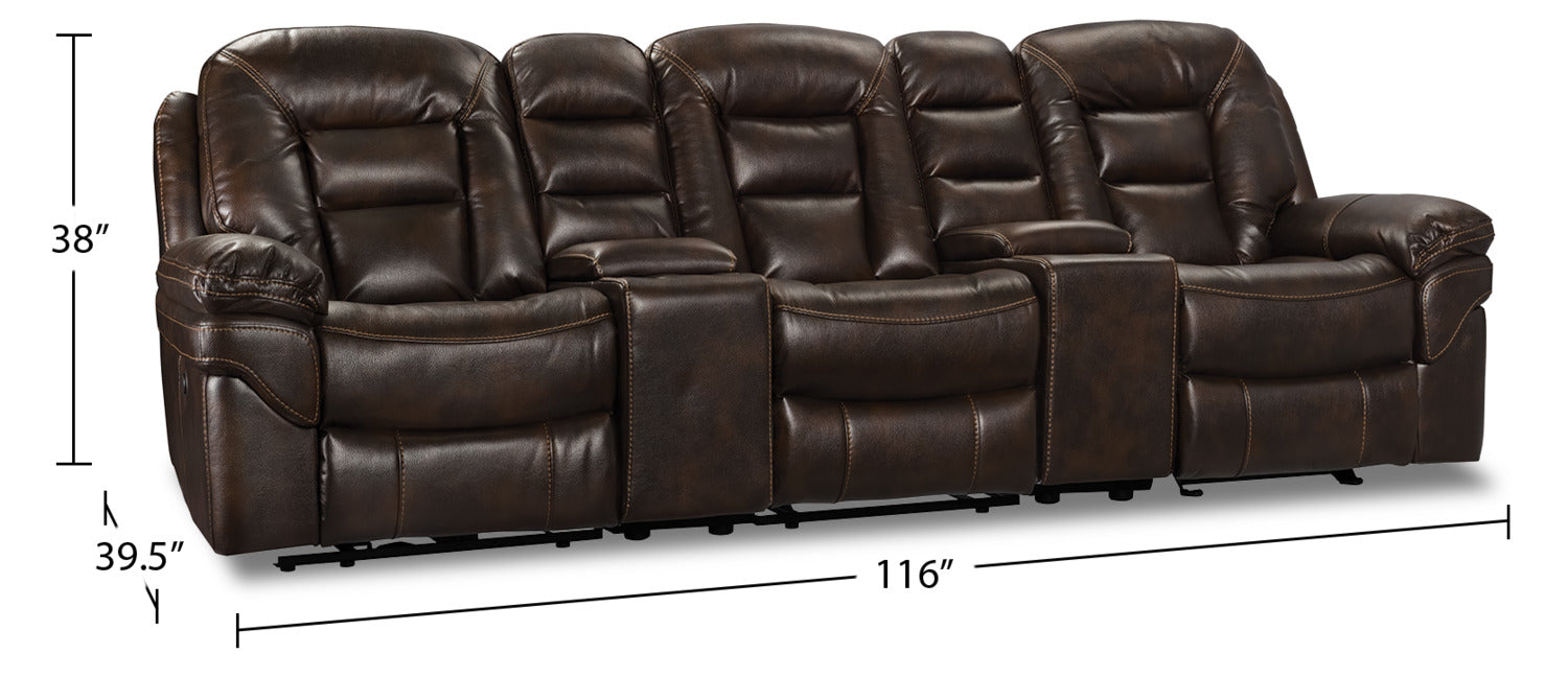 Leo 5-Piece Faux Leather Home Theatre Power Reclining Sectional with Storage Consoles and Cupholders - Walnut Brown | Sofa sectionnel à inclinaison électrique Leo 5 pièces en similicuir avec consoles de rangement et porte-gobelets - brun noyer