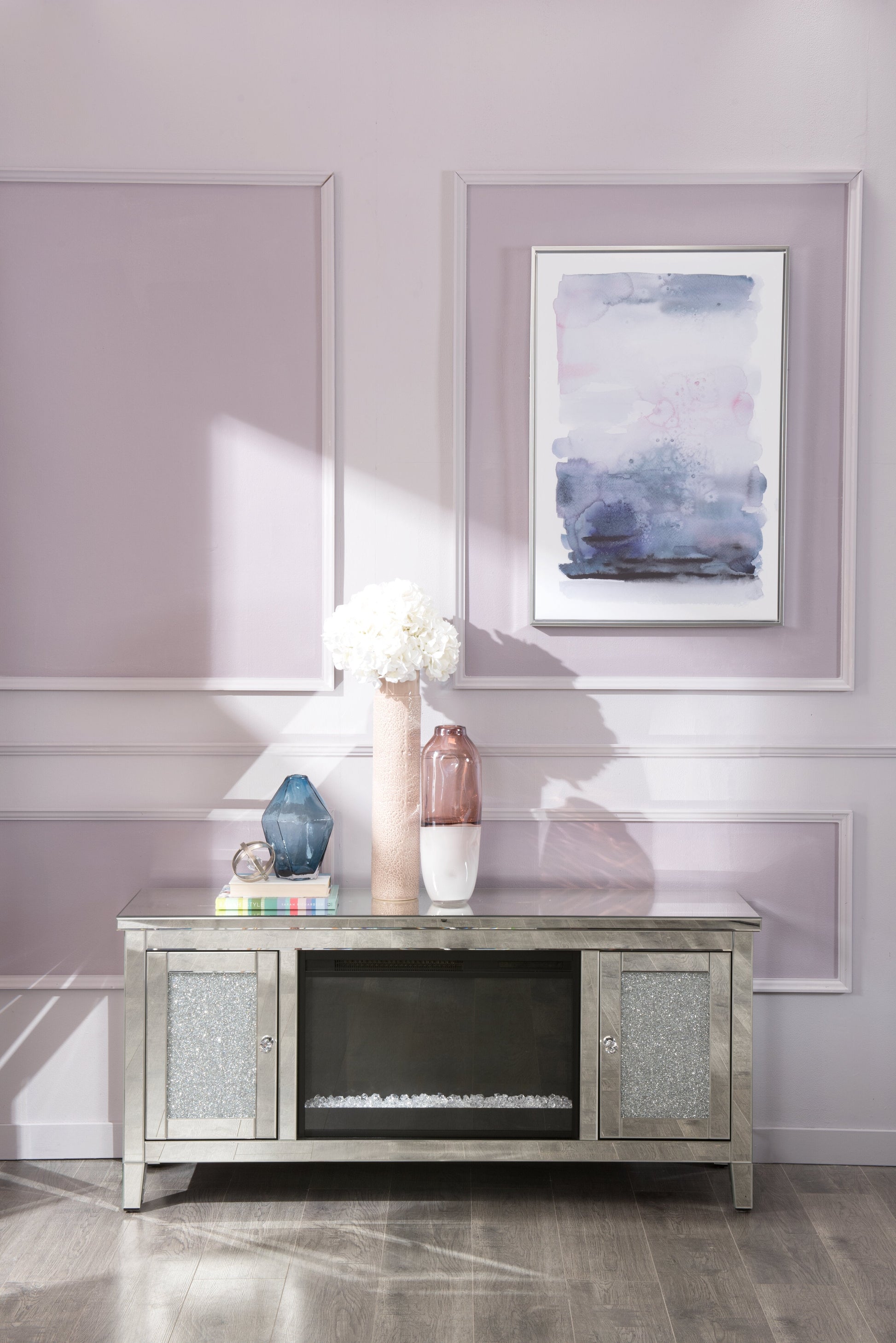 Margo 59" Glam Electric Fireplace TV Stand with Storage and Cable Management for TVs up to 65"- Sil|Meuble pour téléviseur somptueux Margo de 59 po avec foyer électrique, rangement et système de gesti