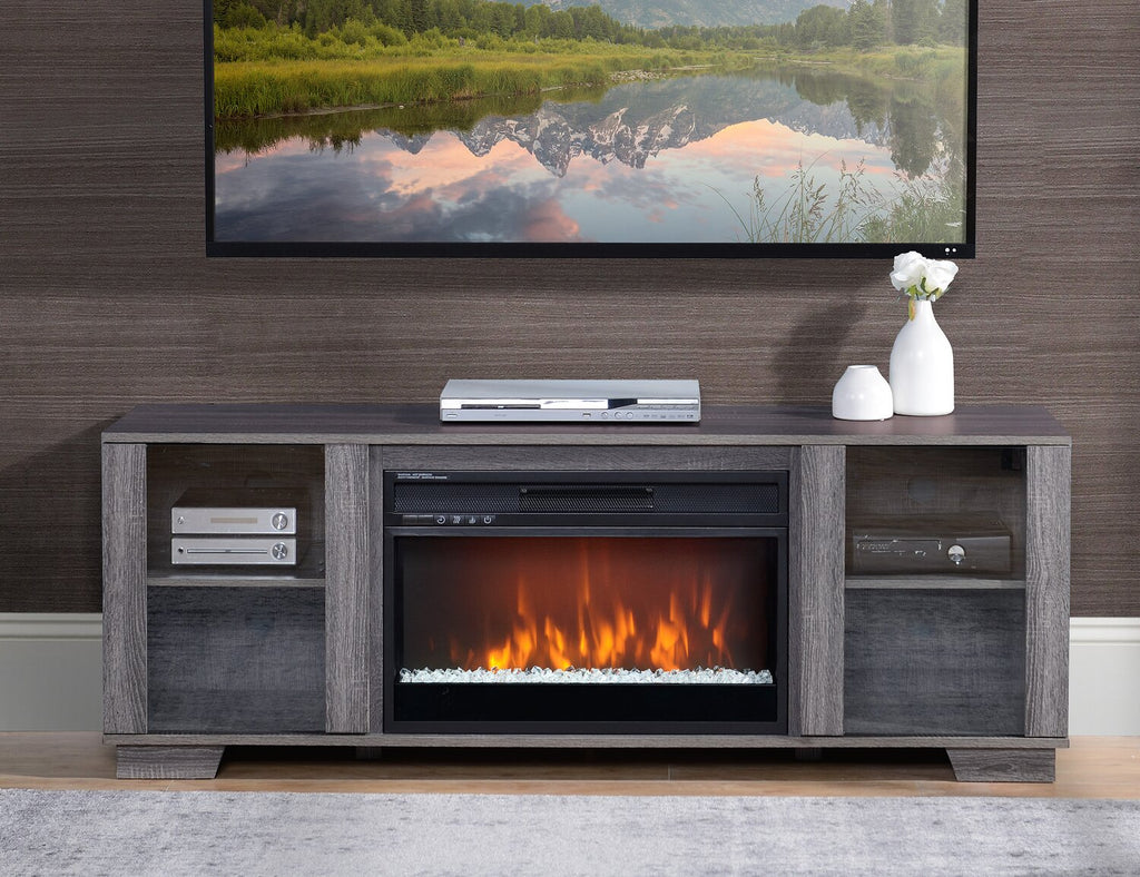 Antoni 62" Modern Electric Fireplace TV Stand with Storage and Cable Management for TVs up to 70"- Grey|Meuble pour téléviseur moderne Antoni de 62 po avec foyer électrique, rangement et système de gestion des câbles pour téléviseurs jusqu’à 70 po - gris