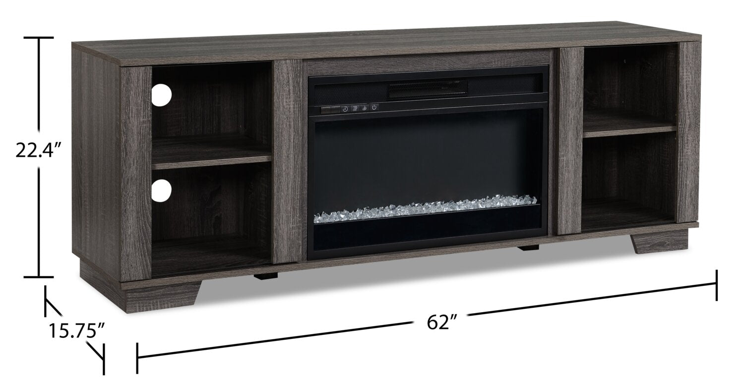 Antoni 62" Modern Electric Fireplace TV Stand with Storage and Cable Management for TVs up to 70"- Grey|Meuble pour téléviseur moderne Antoni de 62 po avec foyer électrique, rangement et système de gestion des câbles pour téléviseurs jusqu’à 70 po - gris