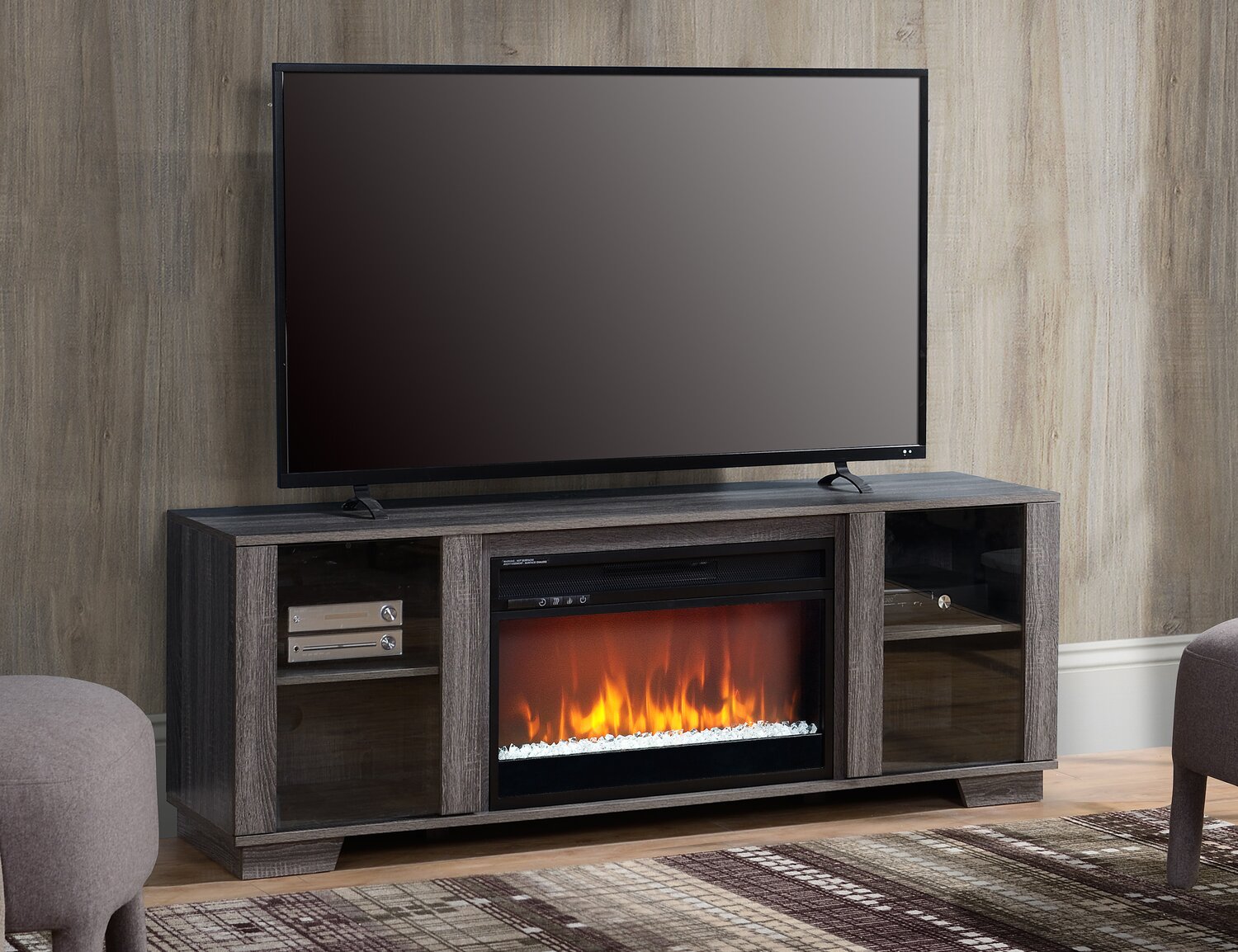 Antoni 62" Modern Electric Fireplace TV Stand with Storage and Cable Management for TVs up to 70"- Grey|Meuble pour téléviseur moderne Antoni de 62 po avec foyer électrique, rangement et système de gestion des câbles pour téléviseurs jusqu’à 70 po - gris