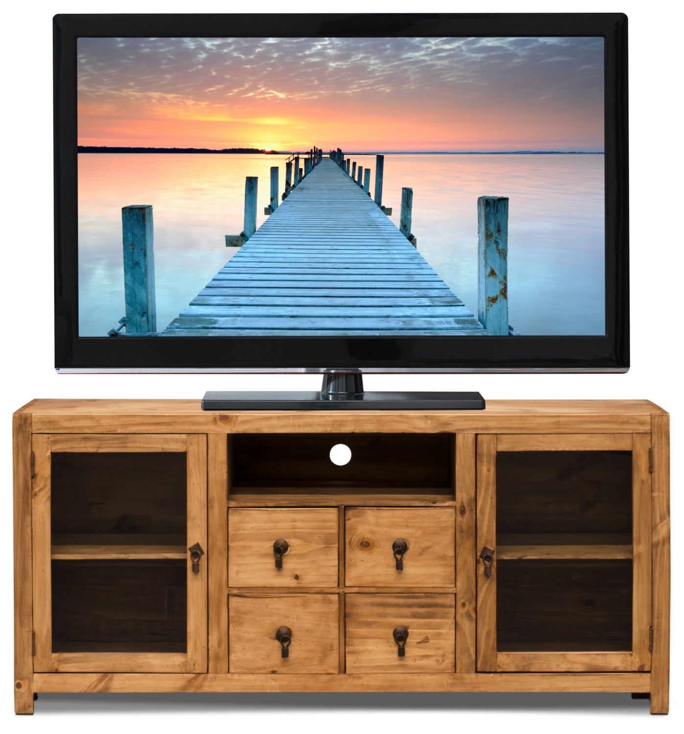 Santa Fe Rusticos 59" TV Stand with Storage and Cable Management for TVs up to 65"- Pine|Meuble pour téléviseur Santa Fe Rusticos de 59 po avec rangement et système de gestion des câbles pour téléviseurs jusqu’à 65 po - pin